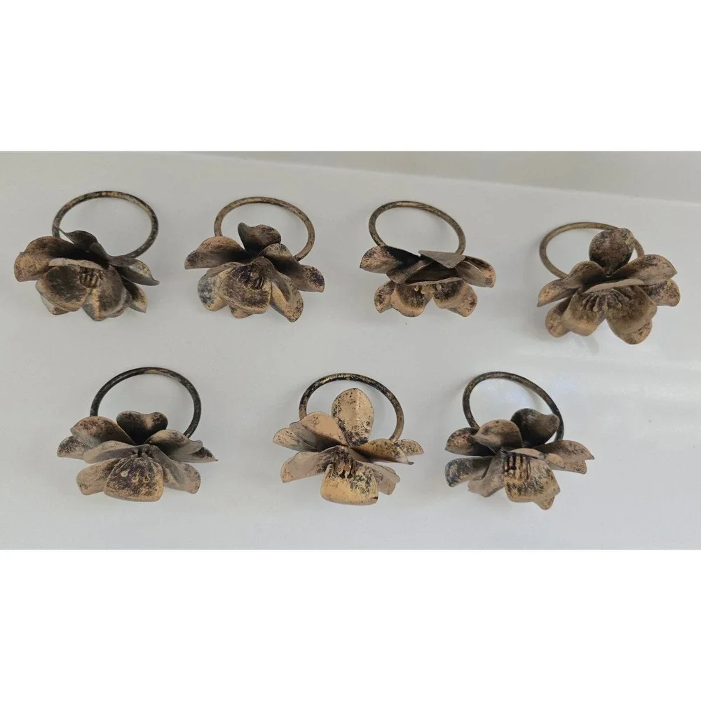 Set of 7 Antique Style Gold Floral Metal Napkin Rings Distressed Lotus Flower